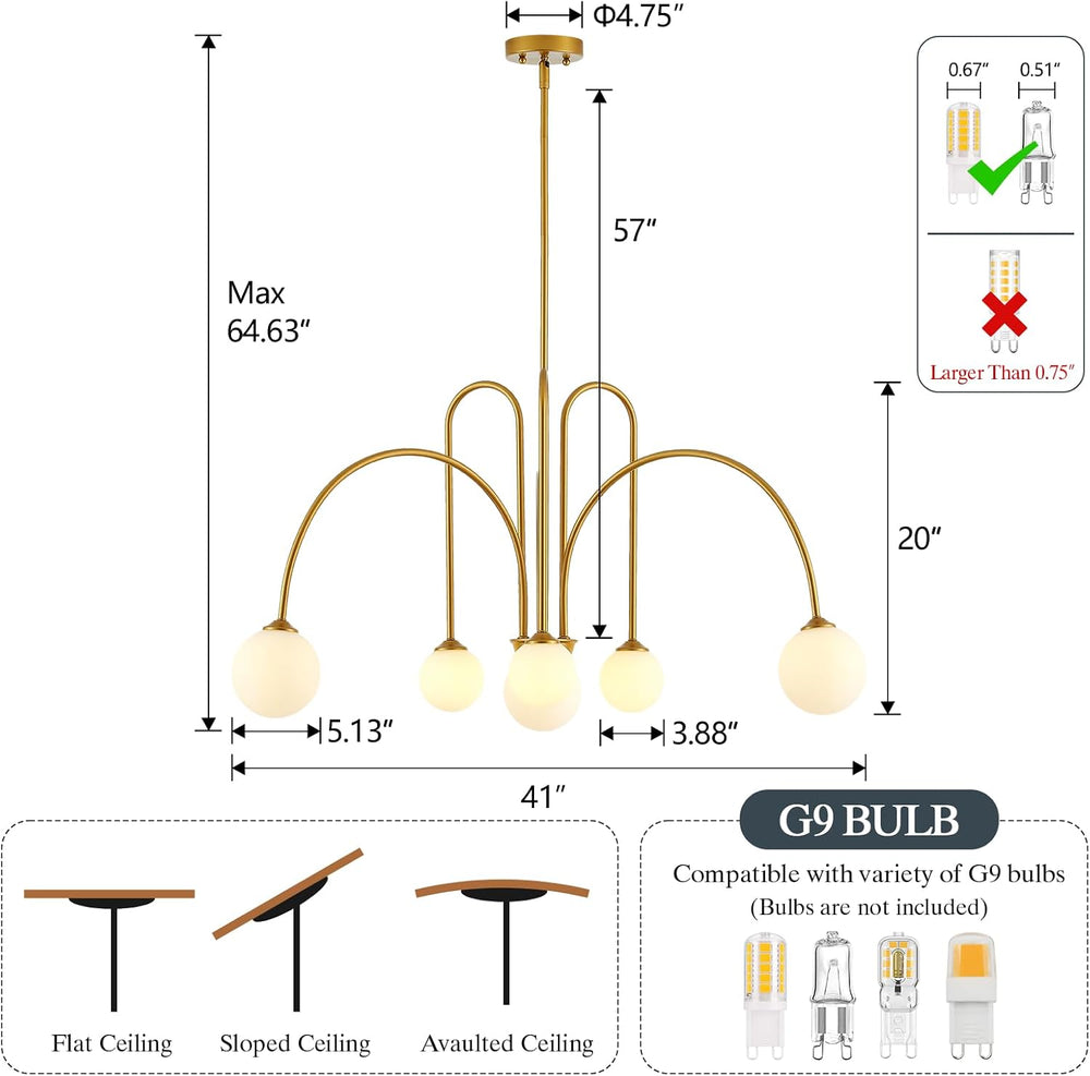 Modern Sputnik Chandelier 6-Light Gold Chandelier for Dining Room L41’’ Large...