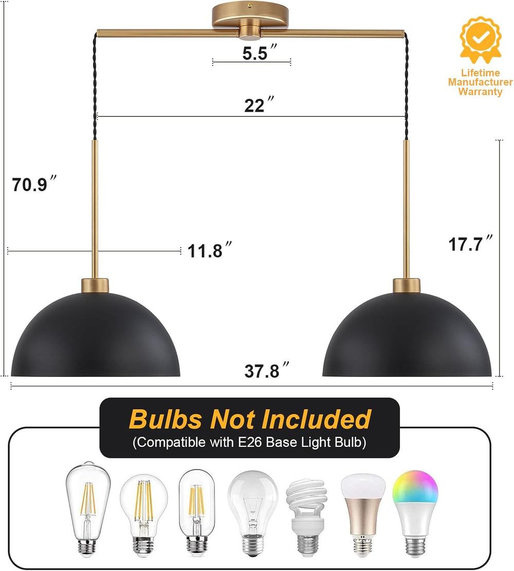 2 Light Black and Gold Dome Pendant Lights Kitchen Island