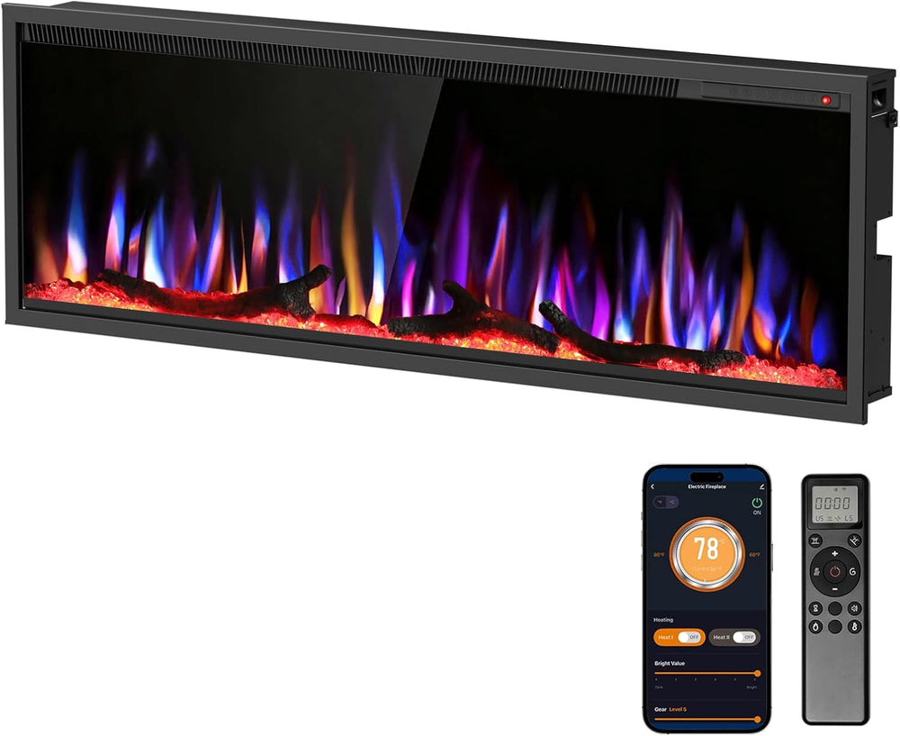 R.W.FLAME 50" Recessed and Wall Mounted Smart Electric Fireplace, Alexa/...