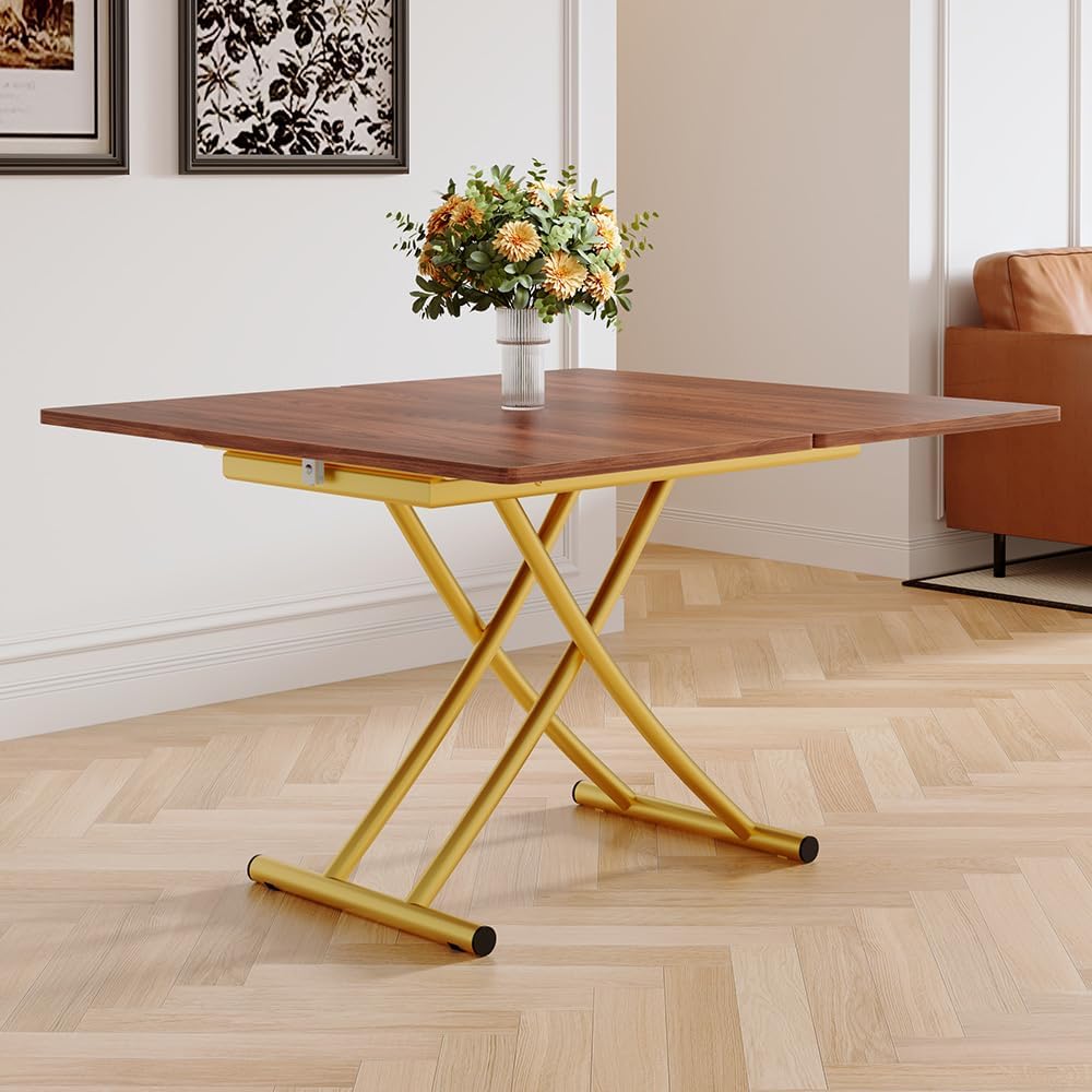Adjustable Height Coffee Table, Folding Dining Table, Walnut&Gold
