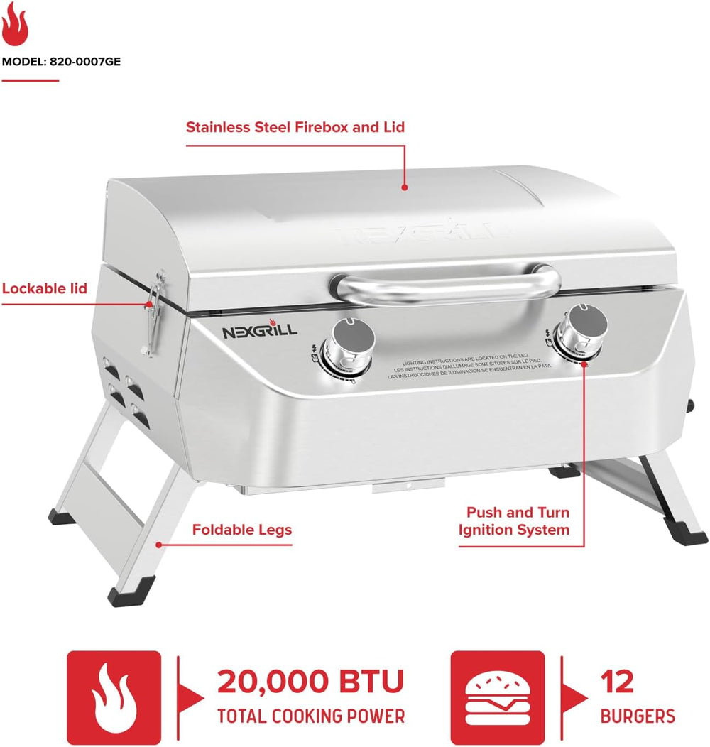 Nexgrill Tabletop 2 Burner Gas Grill, Stainless Steel with Folding Legs