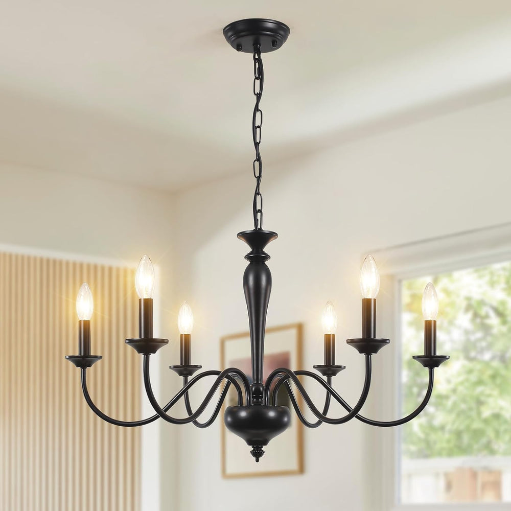 28" Farmhouse Chandelier, 6-Light Matte Black Classic Iron Candle Pendan...