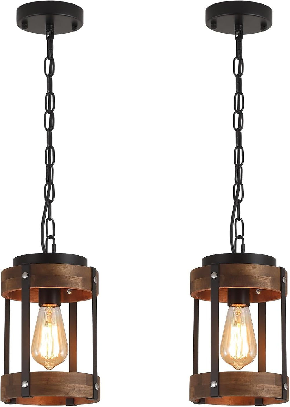 2 Pack Rustic Farmhouse Wood Pendant Light Fixture One-Light Adjustable Chain...