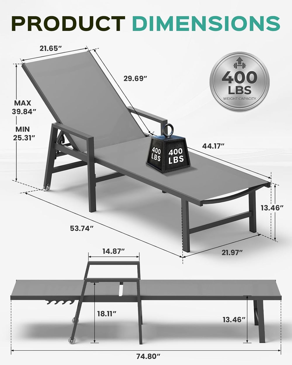 Vexwalx Patio Chaise Lounge Chair Outdoor with Wheels&Armrests, Aluminum ...
