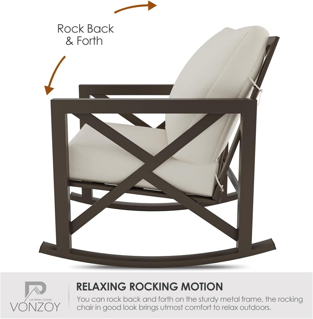 Outdoor Rocking Bistro Set, Patio Chairs Set of 2 with Coffee Table, Beige