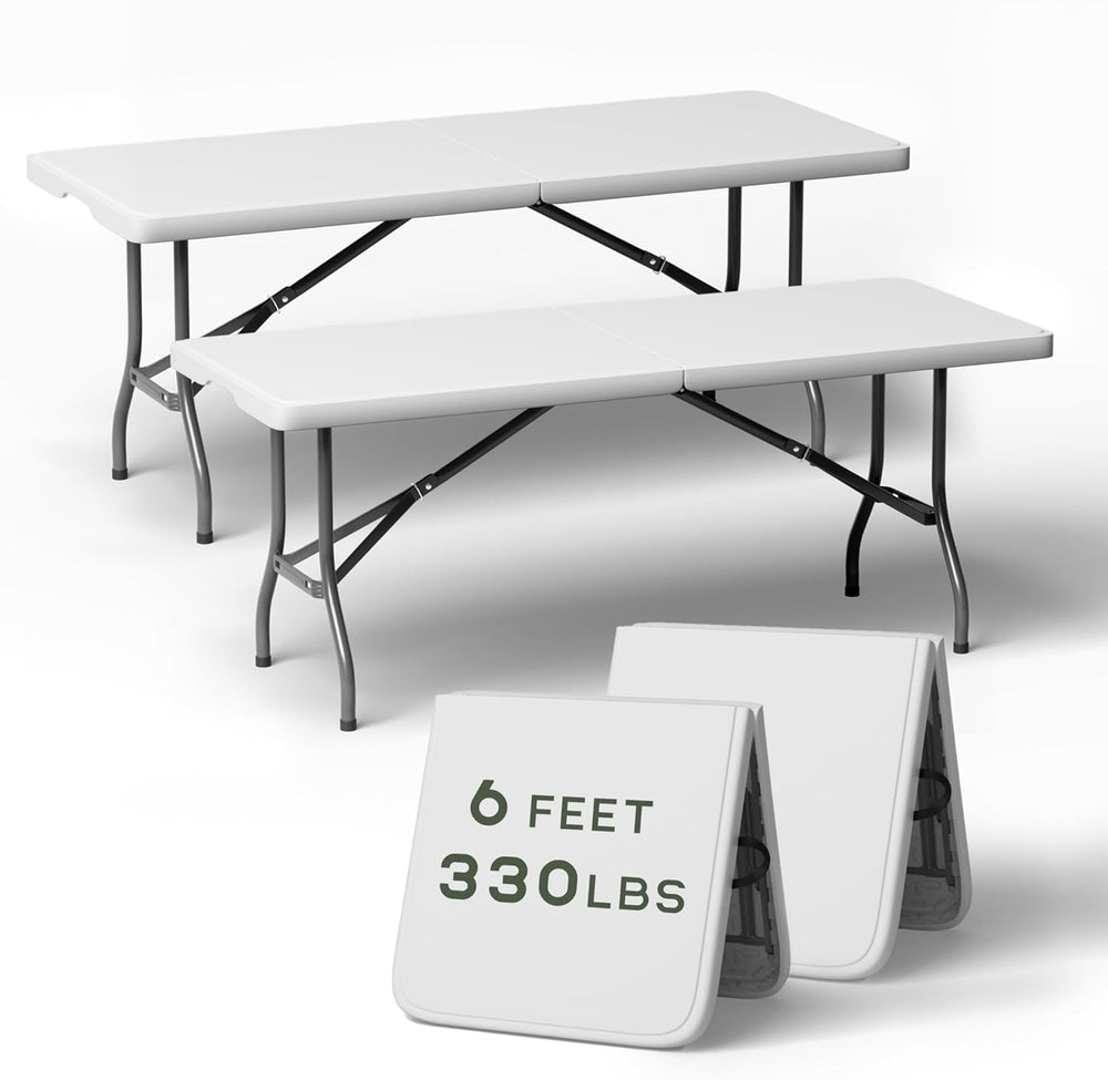 2-Pack 6 Feet Foldable Table, Heavy Duty Steel Legs with Built-in Handle, Eas...