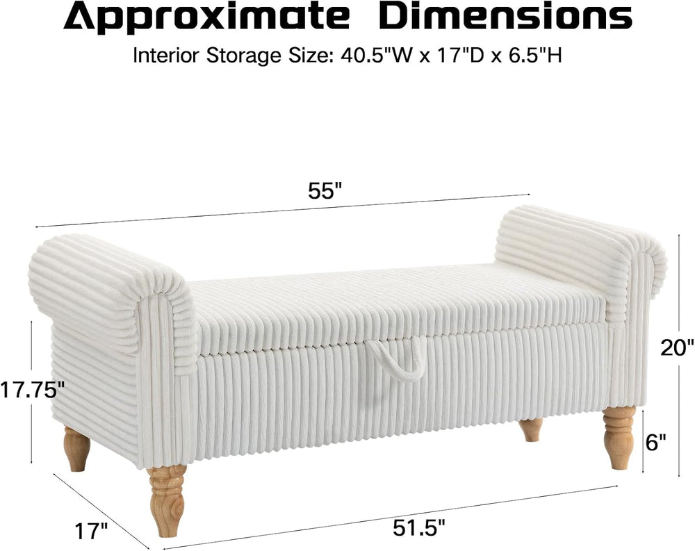55" Storage Ottoman Bench, Corduroy End of Bed Bench for Bedroom, White
