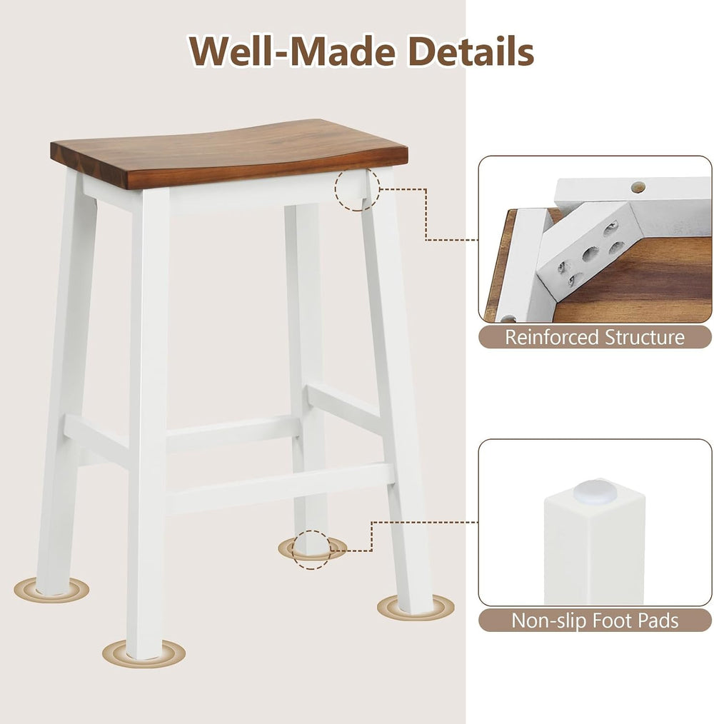 COSTWAY 24.5 Inch Bar Stools Set of 2, Solid Wood Saddle Stools w/Footrests, ...