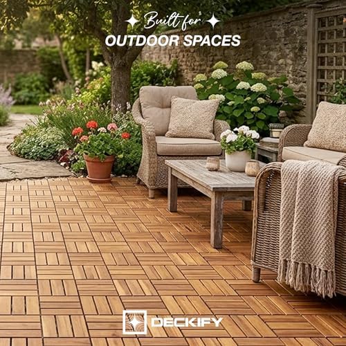 9-Piece Acacia Wood Interlocking Deck Tiles, Golden Teak Crossed