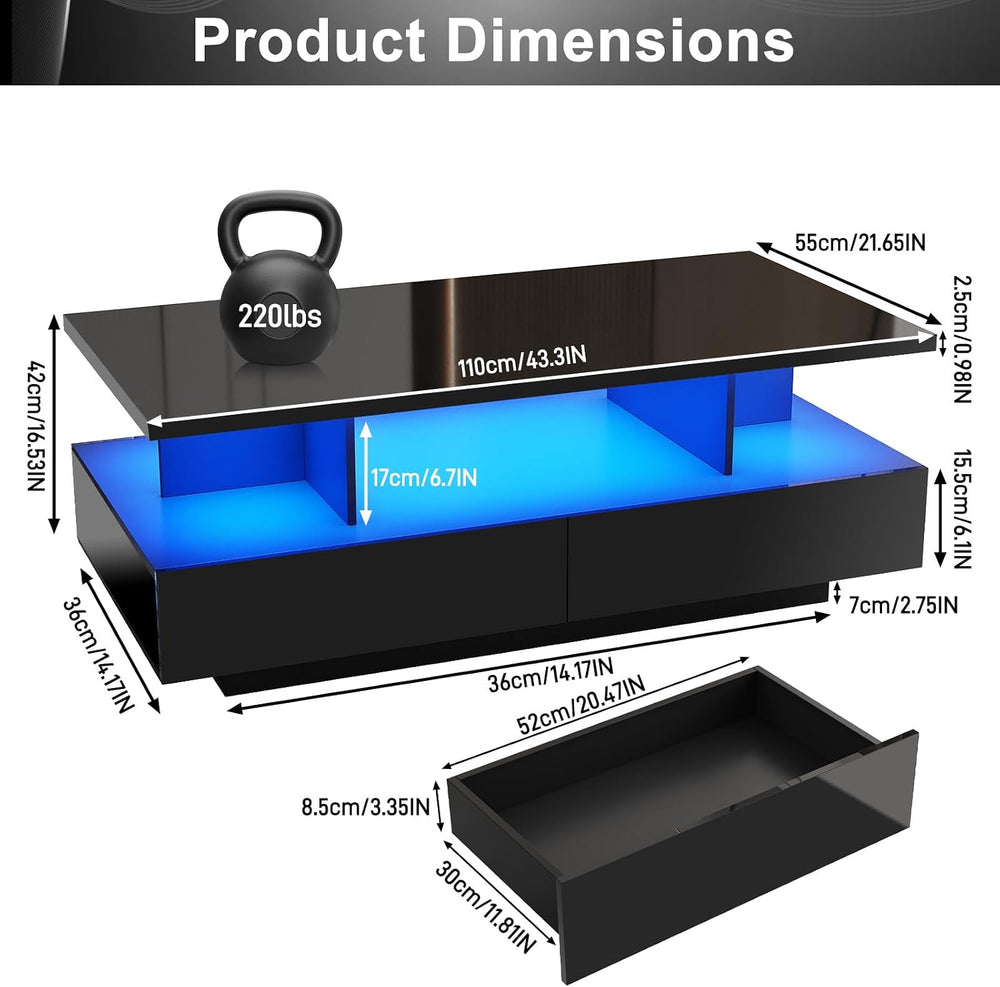 43in Large LED Coffee Table w/ 2 Big Storage Drawers,60,000-color Lights,App ...