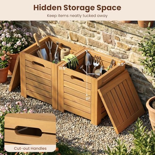 Tangkula Acacia Wood Outdoor Coffee Table with Stools Set of 2, 3 Pieces Pati...
