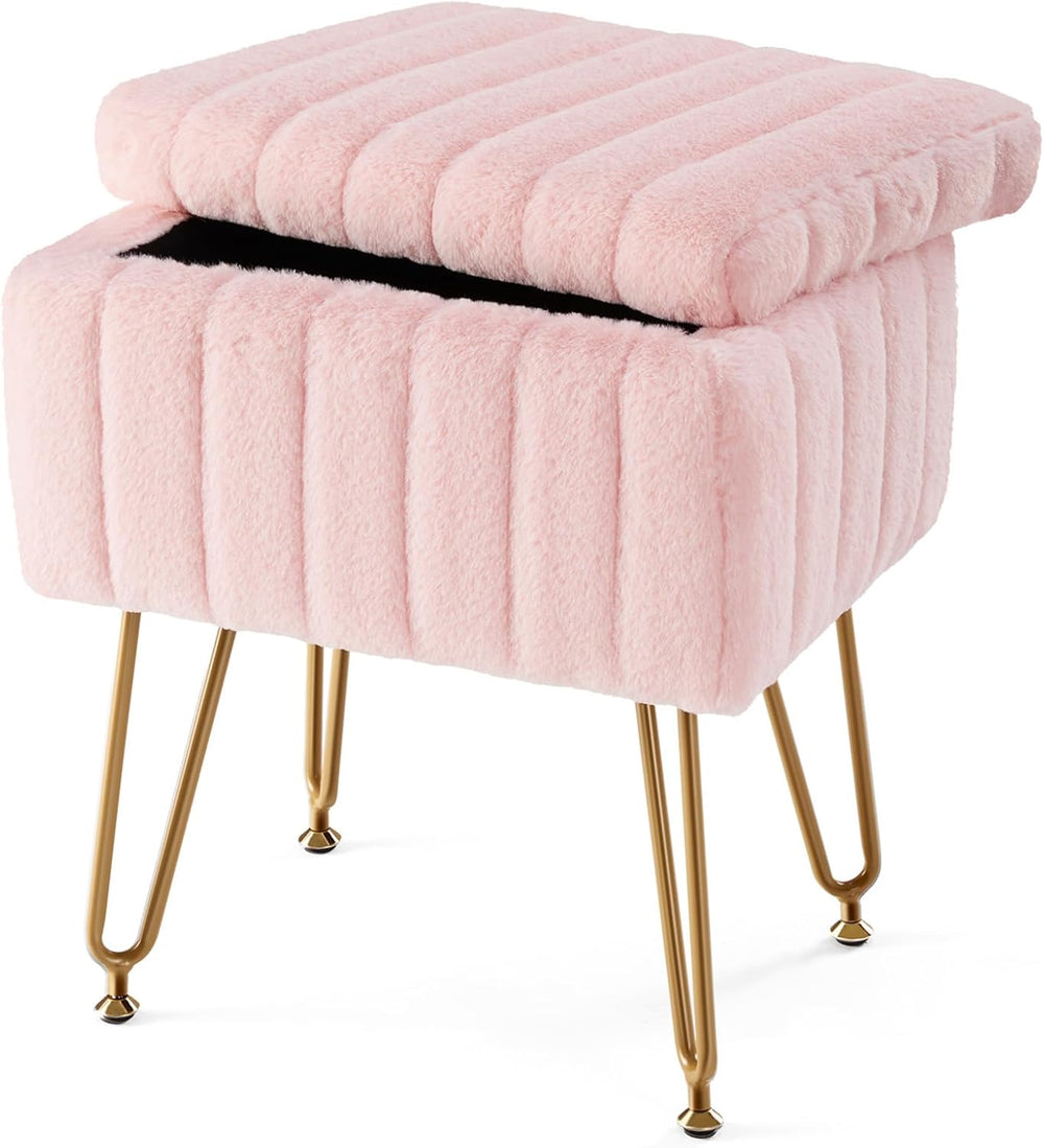 Sweetcrispy Vanity Stool Chair with Storage, 18.9”H x 16”L x 12.2”W Ottoman C...