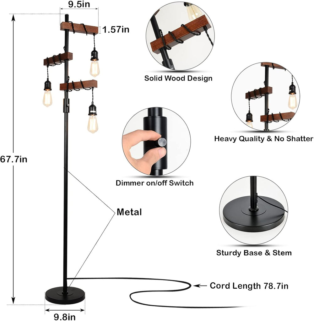 Dimmable Industrial Floor Lamp, Farmhouse Tree Floor Lamp, 68 Inch 3 Lights W...