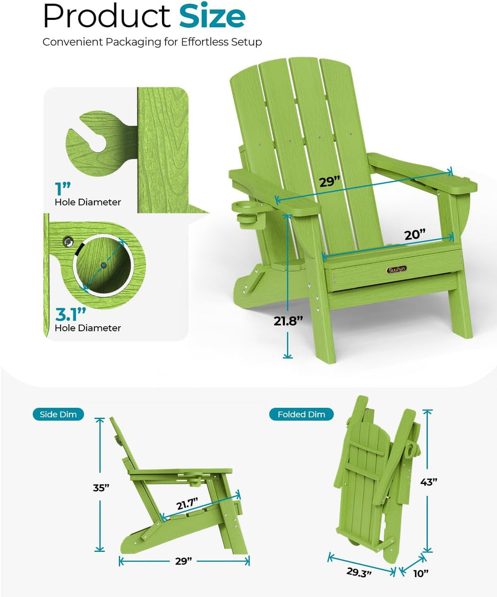 Folding Adirondack Chairs Set of 2, HDPE, 2 Cup Holders, Lime