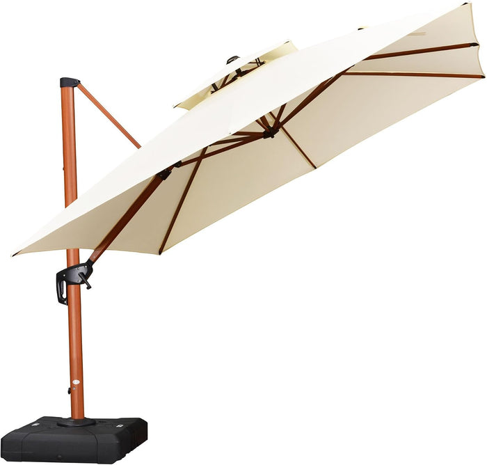 PURPLE LEAF Cantilever Umbrella 10ft Double Top Wood-Grain Finish, Cream