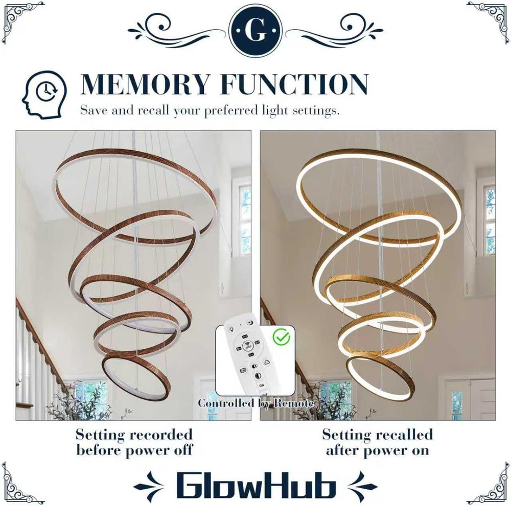 GlowHub Modern LED Chandelier 5 Rings Farmhouse Wood Grain Finish Round Chand...