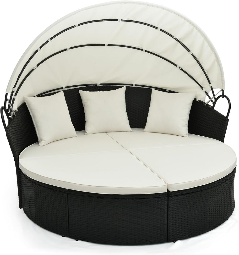 LIFEZEAL Rattan Sun Island with Sun Canopy, Garden Lounger Sun Lounger with C...