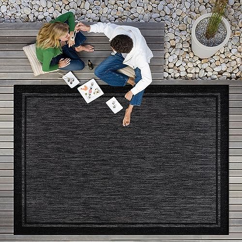 CAMILSON Indoor Outdoor Rug, 8x10 Bordered Dark Gray Black Modern Area Rugs f...