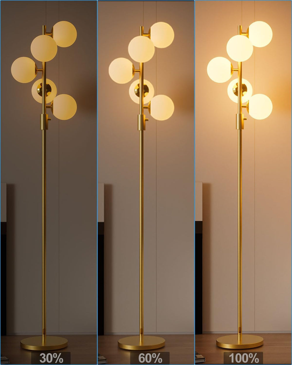 Dimmable Gold Globe Floor Lamp, 64IN Tall Standing Lamps with 5 Globe Warm Wh...