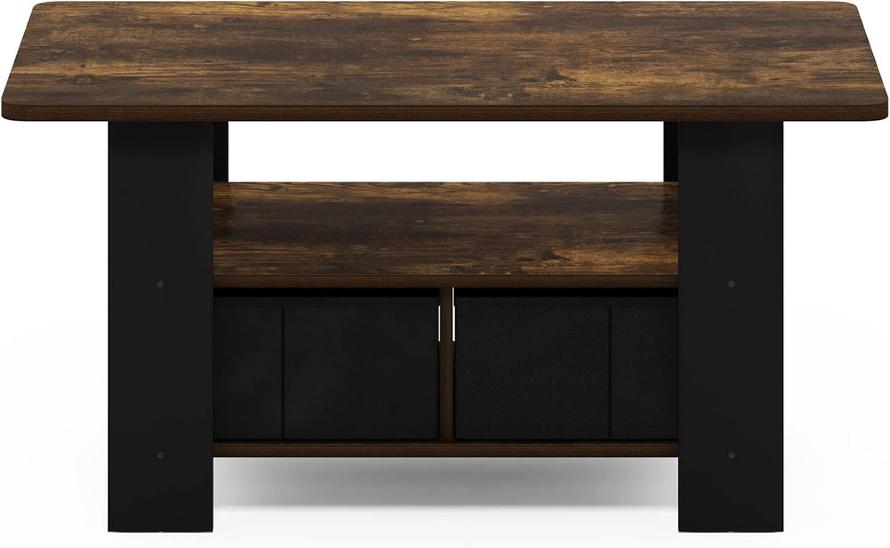 Furinno Andrey Coffee Table with Bin Drawer, Amber Pine/Black Small Non-Lift Top