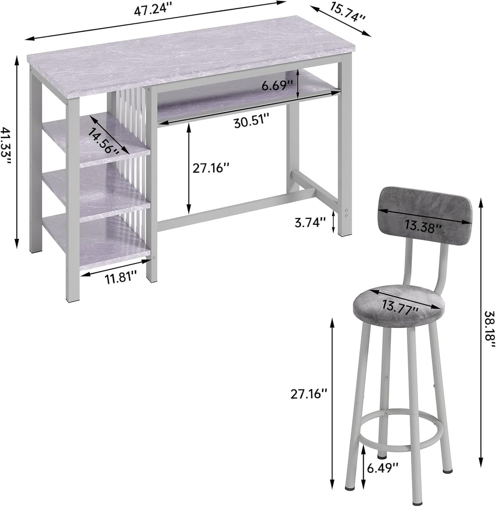 AWQM 3-Piece Bar Table and Chairs Set, Modern Gray Table with 2 PU Cushion Ba...