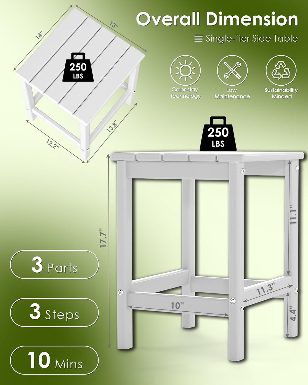 GREENVINES Outdoor Side Table Set of 2, HDPE Adirondack Tables, White