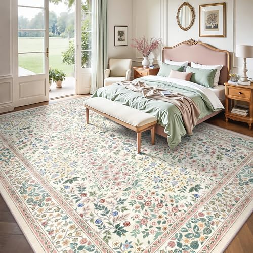 8x10 Area Rugs, Machine Washable Low Pile Floral Rugs for Living Room, Bedroo...