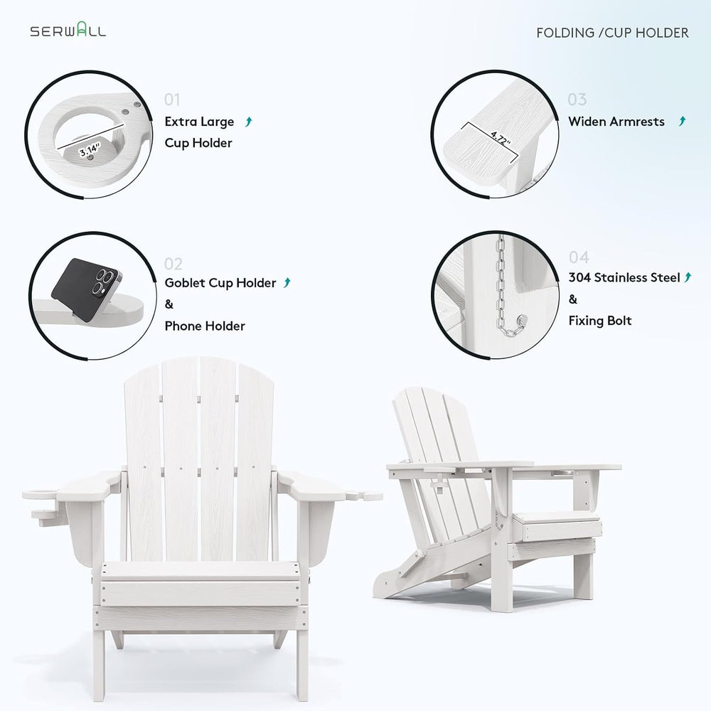 SERWALL Outdoor Adirondack Chairs with 2 Cup Holders,Foldable,White