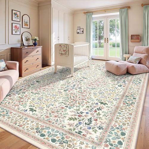 8x10 Area Rugs, Machine Washable Low Pile Floral Rugs for Living Room, Bedroo...