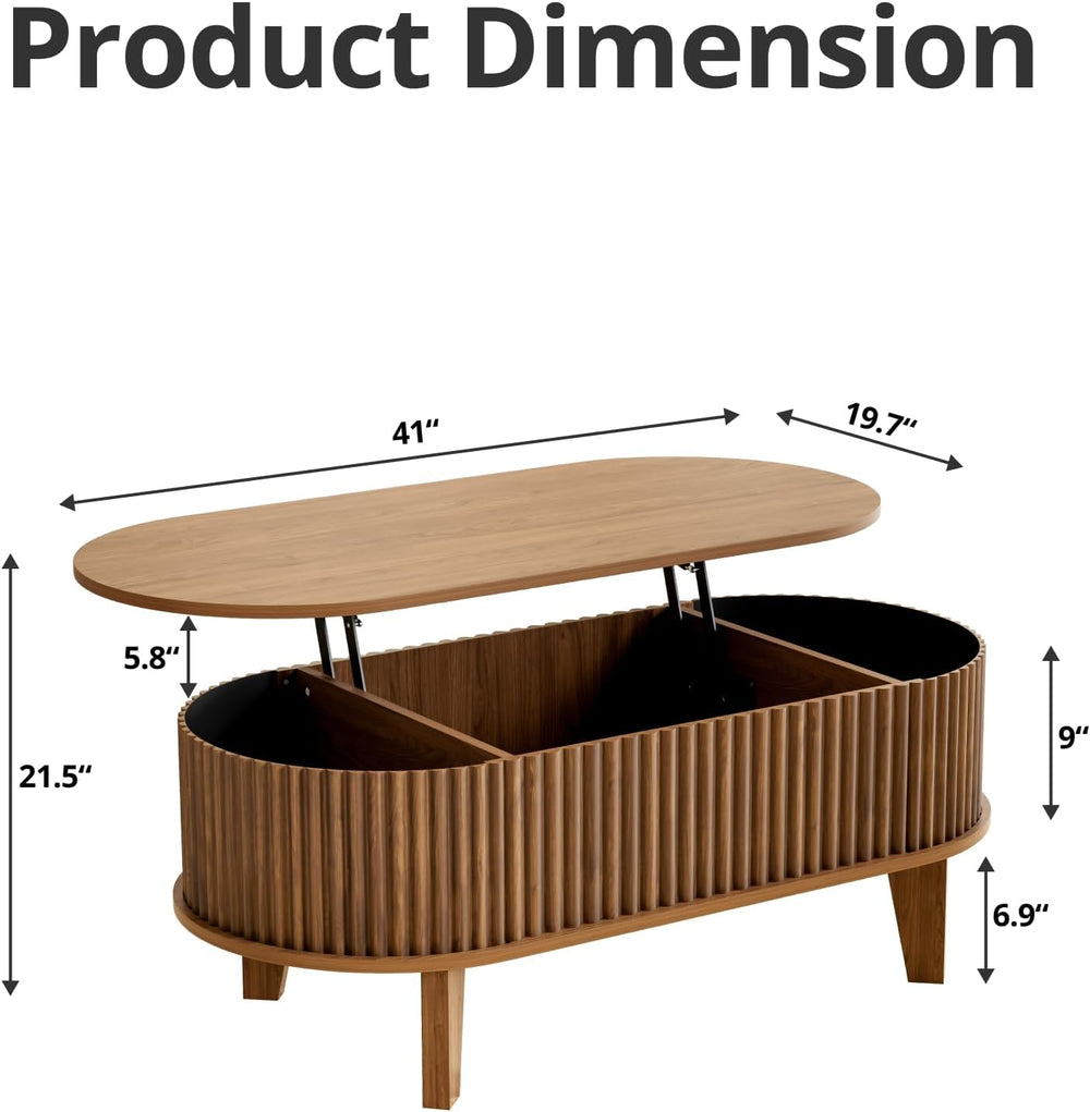 Oval Lift Top Coffee Table with Storage, 41" Wood Fluted Modern Living R...