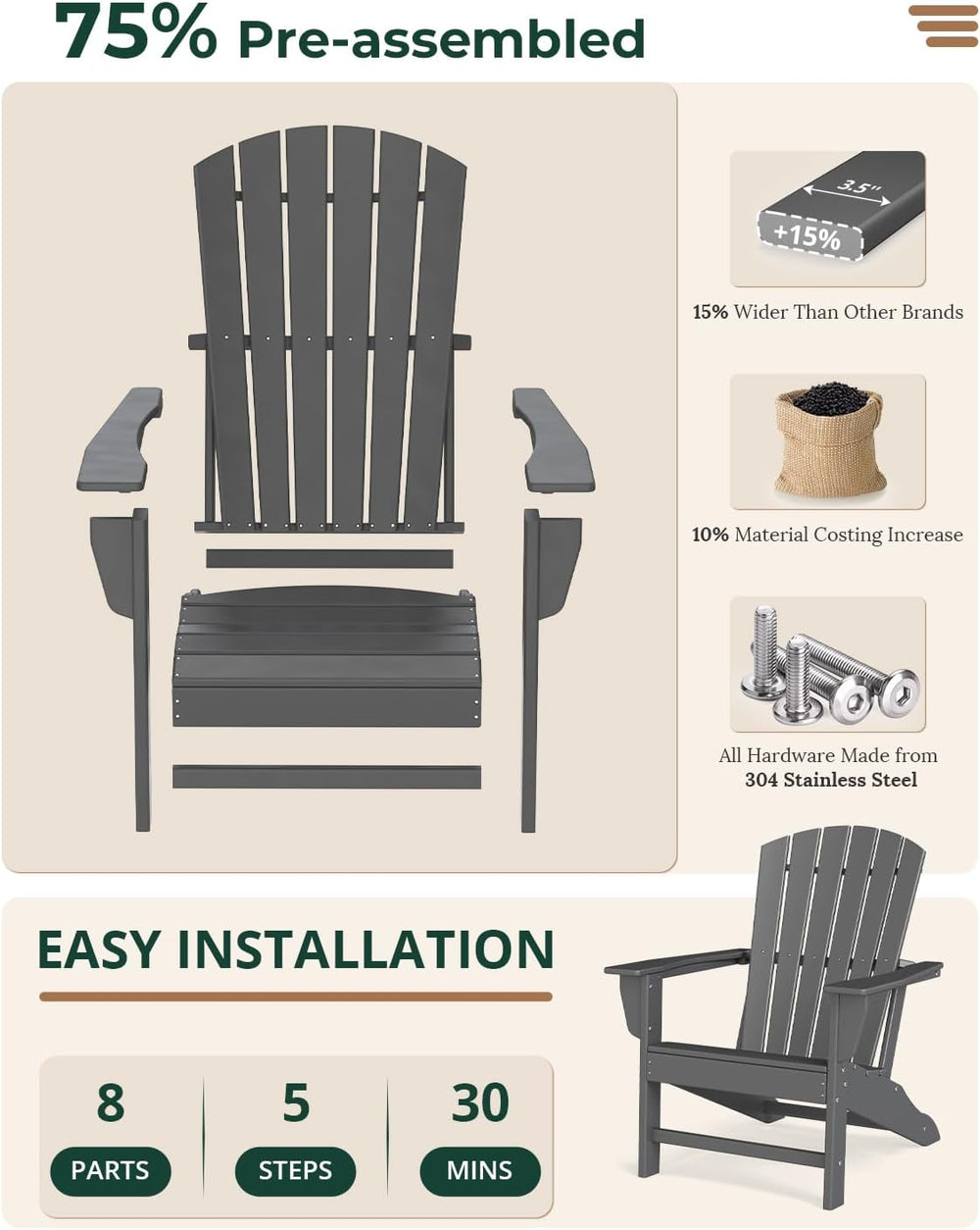 BRIOPAWS Oversized-Adirondack-Chairs Set of 2 | HDPE | All Weather | Grey