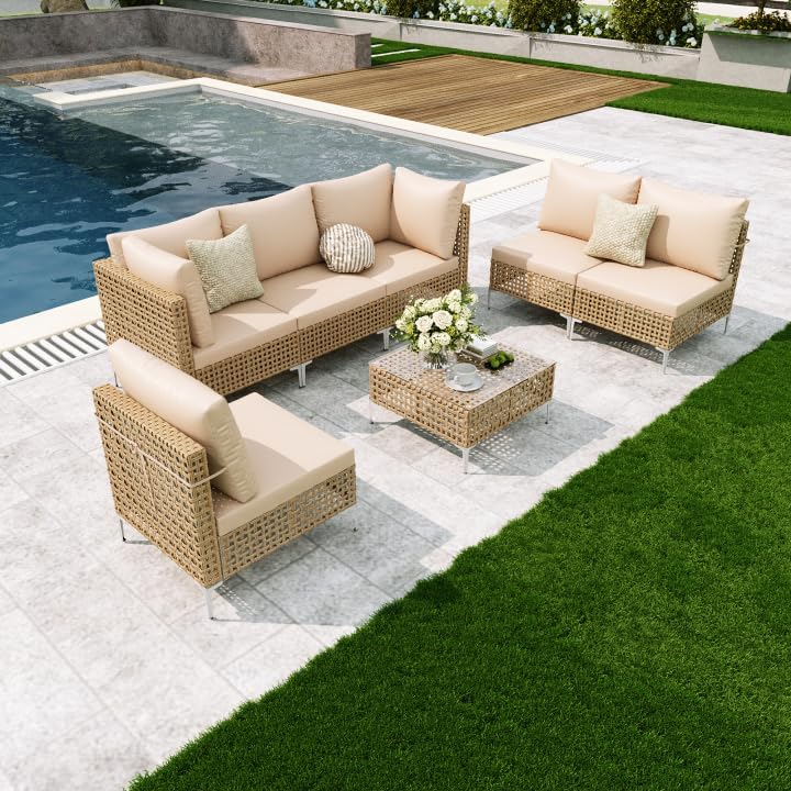 Outdoor Patio Furniture Set with Non-Slip Cushions & Coffee Table- 7 Piece