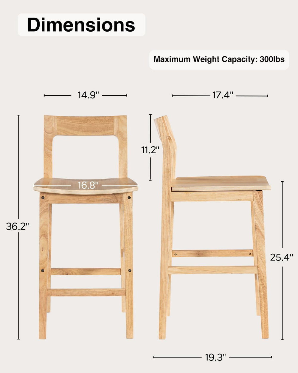 Wood Barstools Set of 4, Counter Height Bar Stools Armless Farmhouse Wooden B...