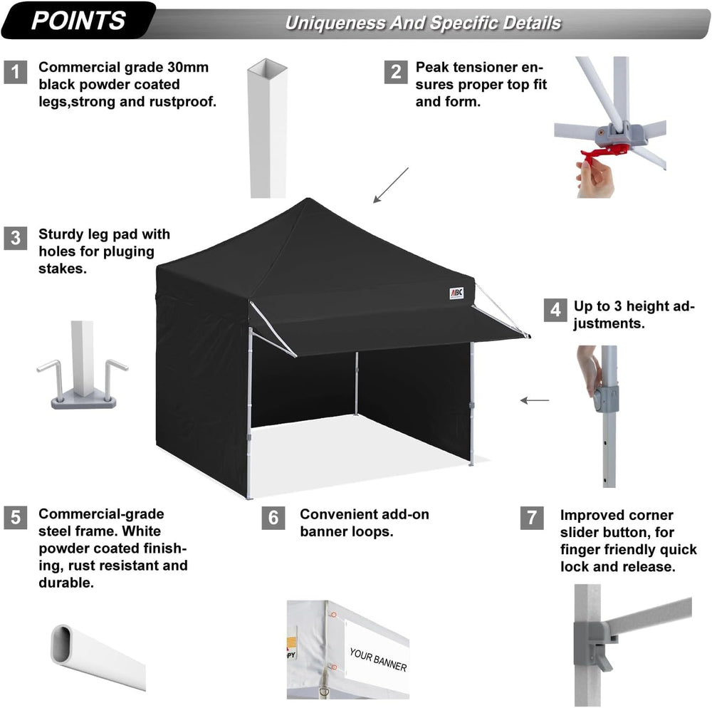 ABCCANOPY 10x10 Commercial Pop up Canopy Tent with Awning Sidewall,Black