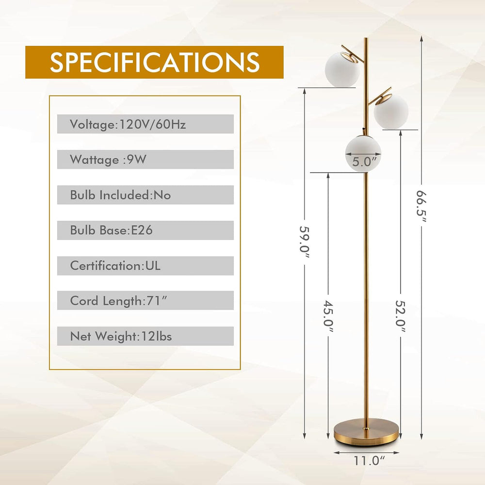 Tangkula 3-Globe Floor Lamp, Modern Freestanding Lamp w/Foot Switch & 3 E...