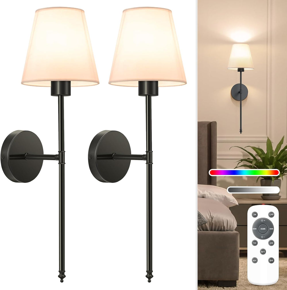 NIORSUN Battery Operated Wall Sconce Set of 2,Black Rechargeable Wall Lights ...