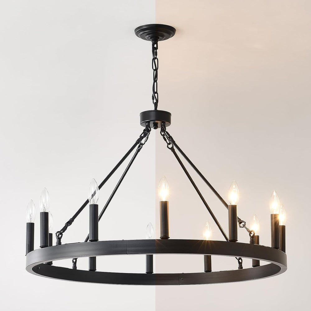 32" Wagon Wheel Light Fixture 12-Light Black Round Entryway Chandeliers