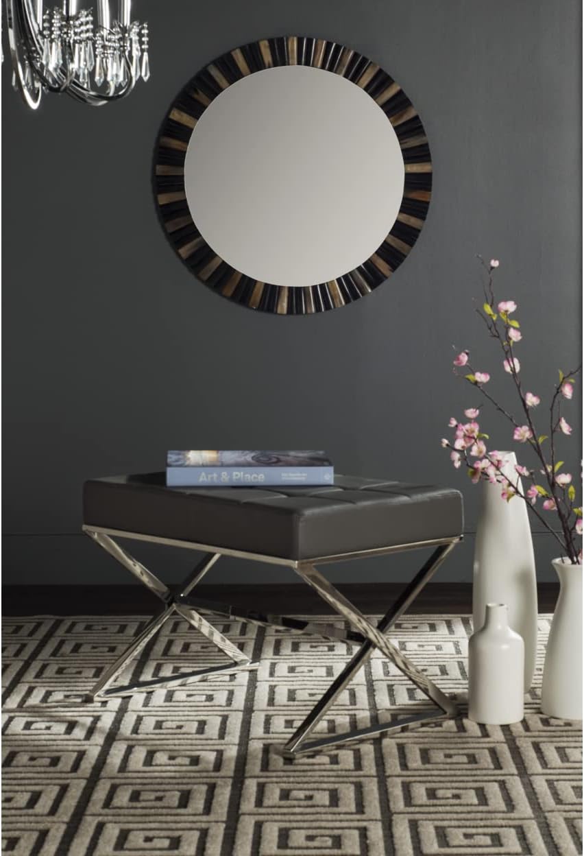 Safavieh Home Collection Micha Modern Glam Cream Tufted and Silver Steel Ottoman