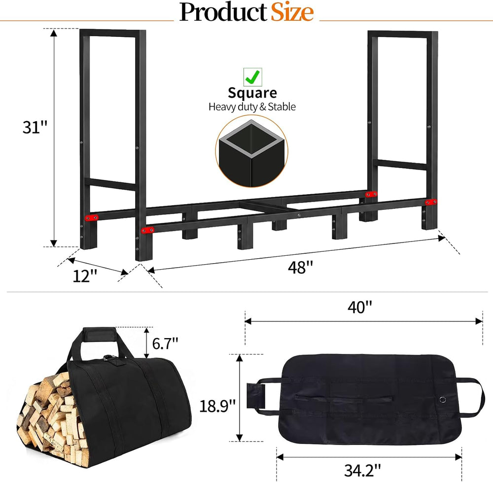4FT Firewood Rack Indoor Outdoor with Log Carrier, Firewood Log Rack Holder w...