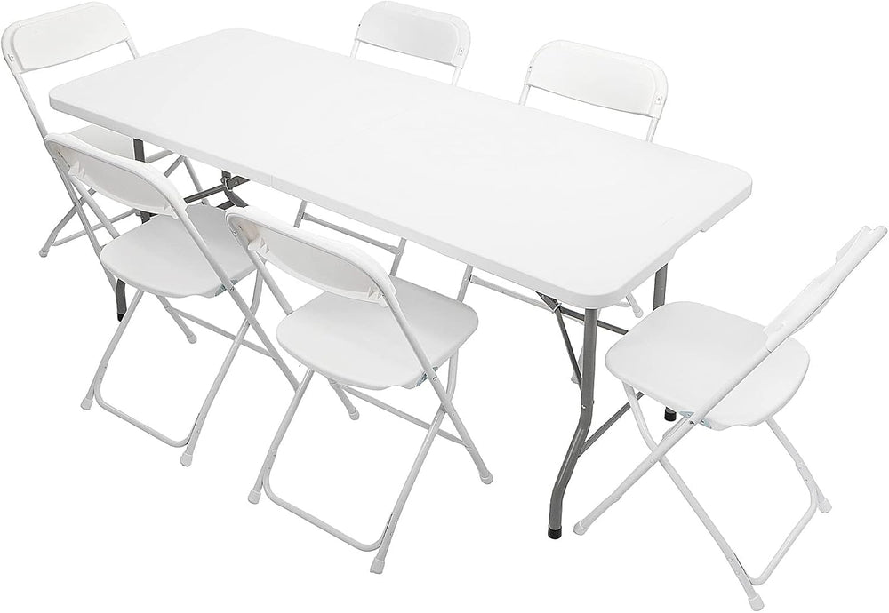 VINGLI 6 FT Plastic Folding Table Set with 6 White Folding Chairs for Picnic,...