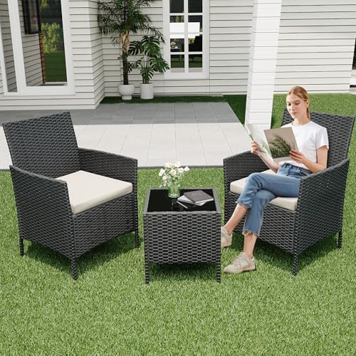 3 Pieces Patio Furniture Sets, Outdoor Wicker Furniture with Soft Cushion and...