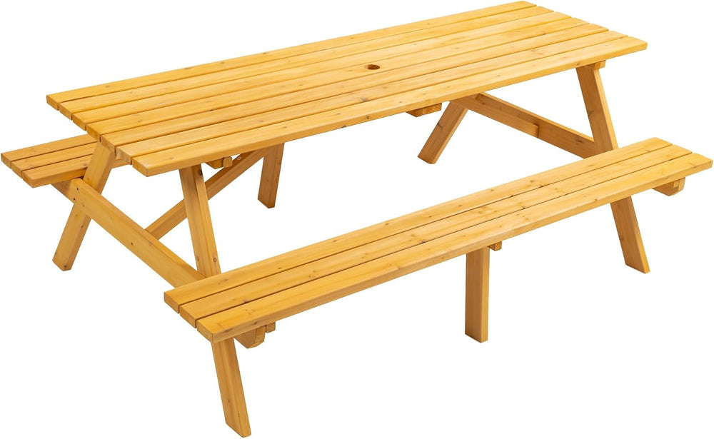 75" Rectangular Outdoor Picnic Table with Built-in Benches & Umbrell...