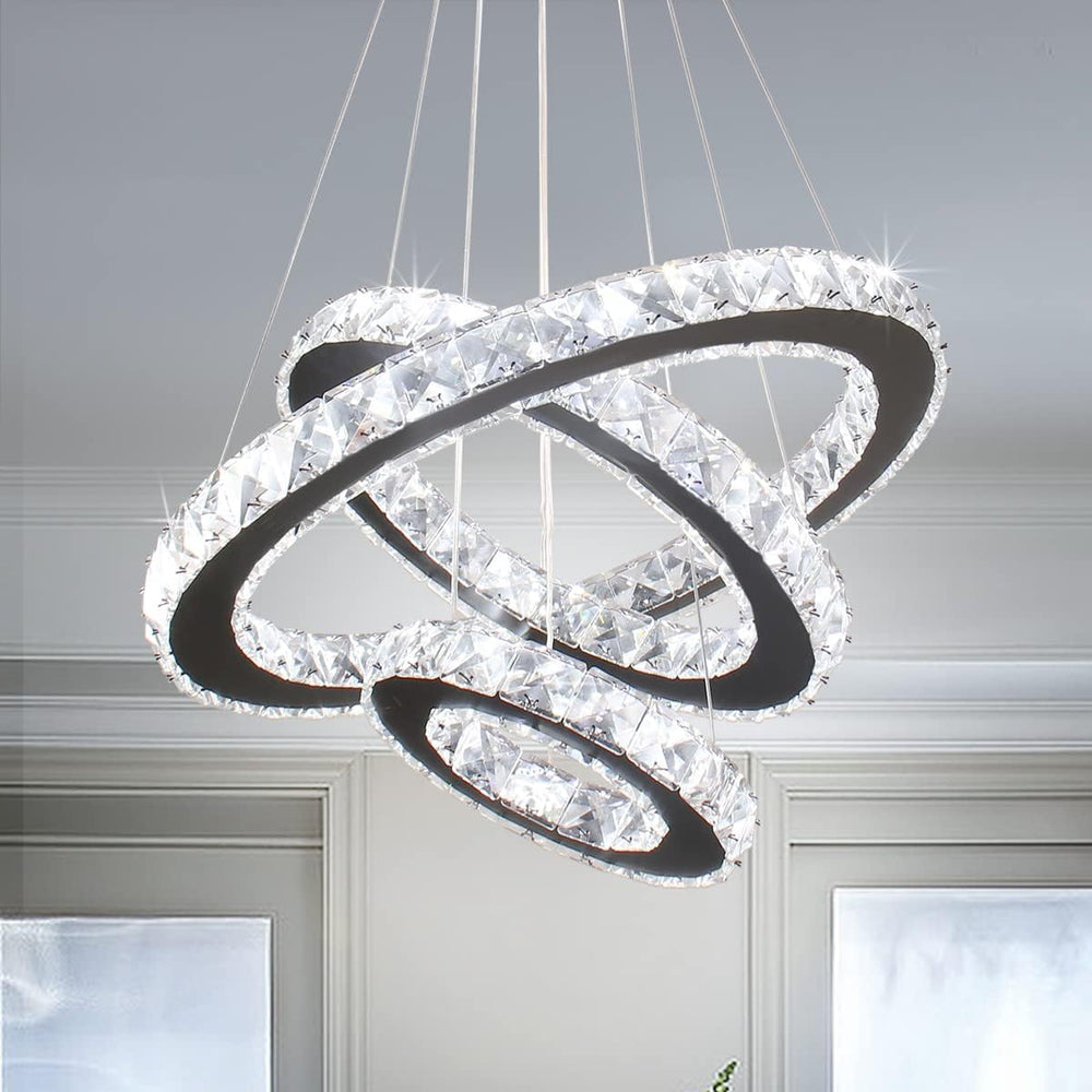 3-Ring Adjustable Height Crystal Chandelier Cool White