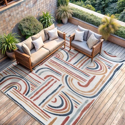 CAMILSON Indoor Outdoor Rug, Multicolor 10x14 Geometric Arch Striped Large Ar...