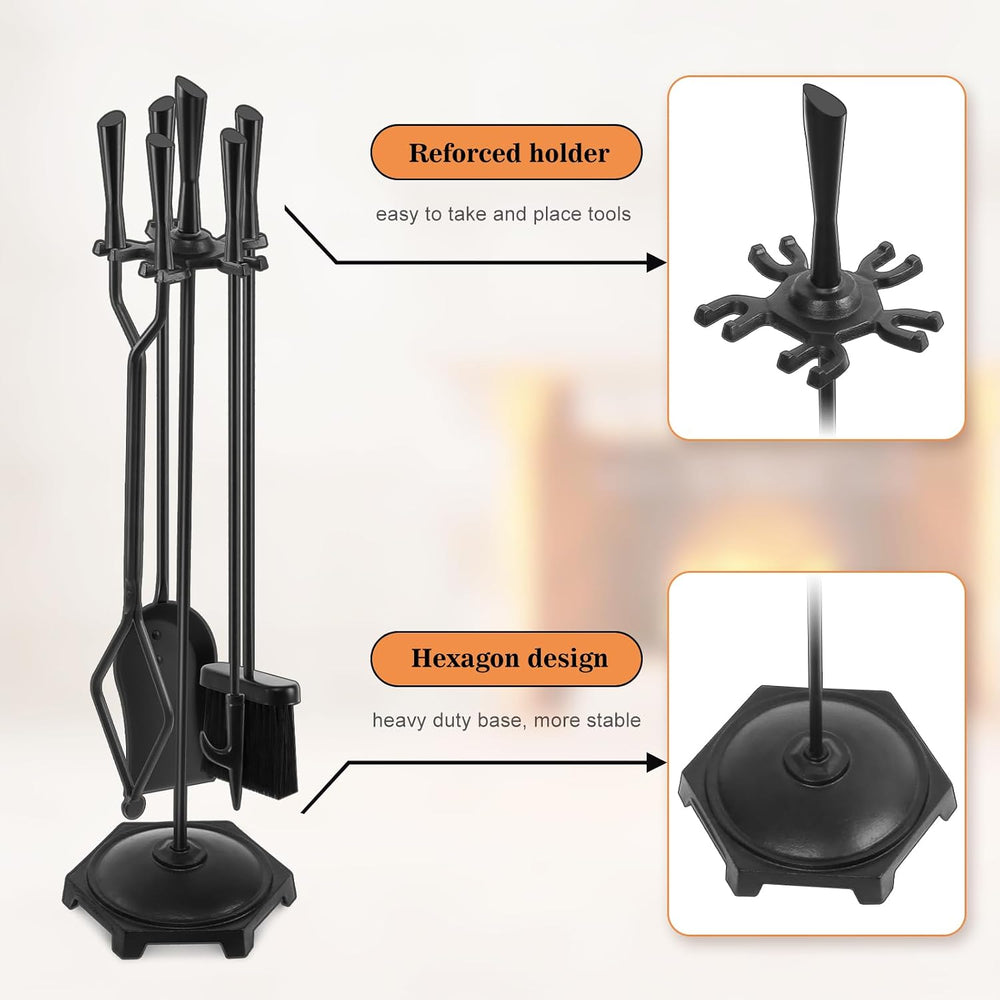 Gtongoko 5 Pcs Fireplace Tools Set 32" Black Wrought Iron Large Fire Too...