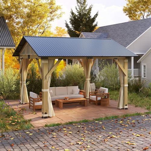 11'x13' Wood Gazebo, Outdoor Hardtop Gazebo, Cedar Frame Wooden Gazeb...
