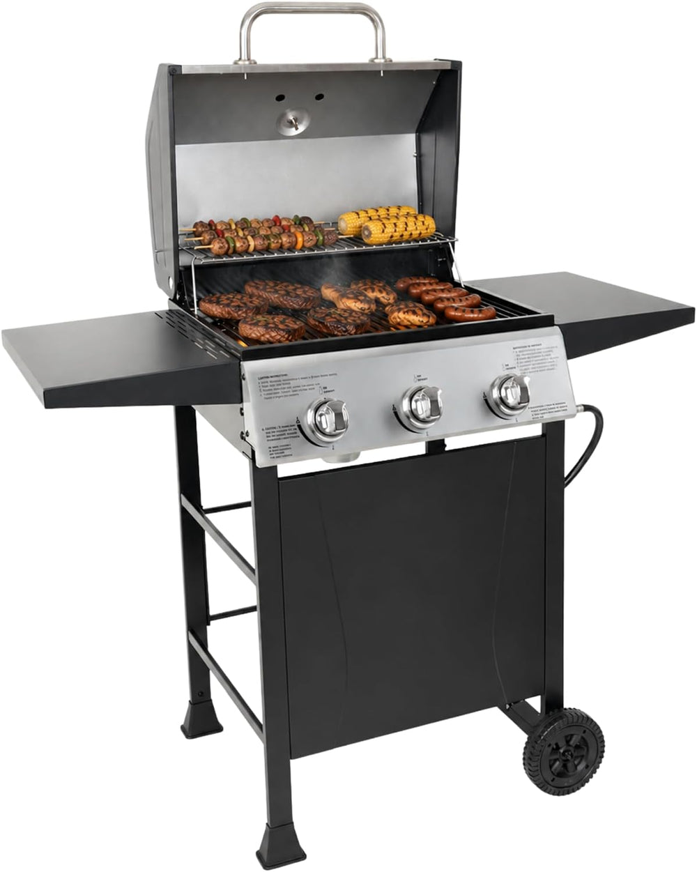 Grill Boss 3 Burner Propane Gas Grill, Portable BBQ, Lid, Wheels & Shelves