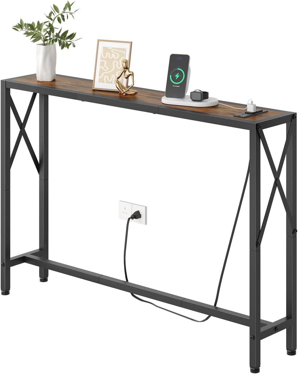 Gewudraw Narrow Console Table with Socket, Sofa Table Behind Couch, Brown