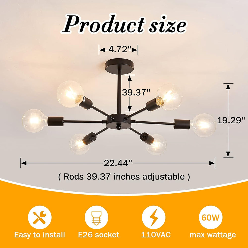 UOFUS Sputnik 6 Light Chandelier Black Mid Century Ceiling Light Fixture Mode...