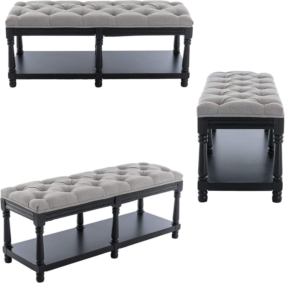 DUOMAY Mid-Century Tufted Storage Bench with Shelf, Linen Upholstered Farmhou...